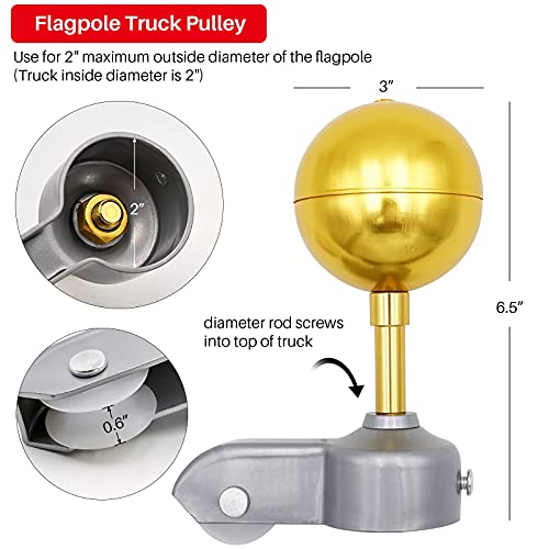 Nomal Flag Pole Repair Parts Kits Including 1 Piece 3" Topper Gold Ball + 50 Ft Halyard Rope + 1 Piece Cleat Hook + 4 Piece Flag Swivel Snap Hooks + Flagpole Pulley Truck For 2" Od Tube #TOP2