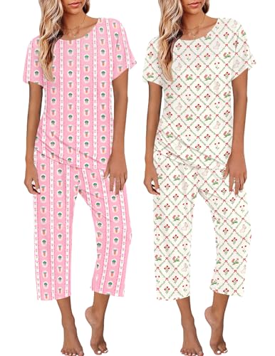 Image of Ekouaer 2 Pack Womens Pajamas Sets Short Sleeve Tops and Capri Pants Pjs Colorful Printed Sleepwear Sets