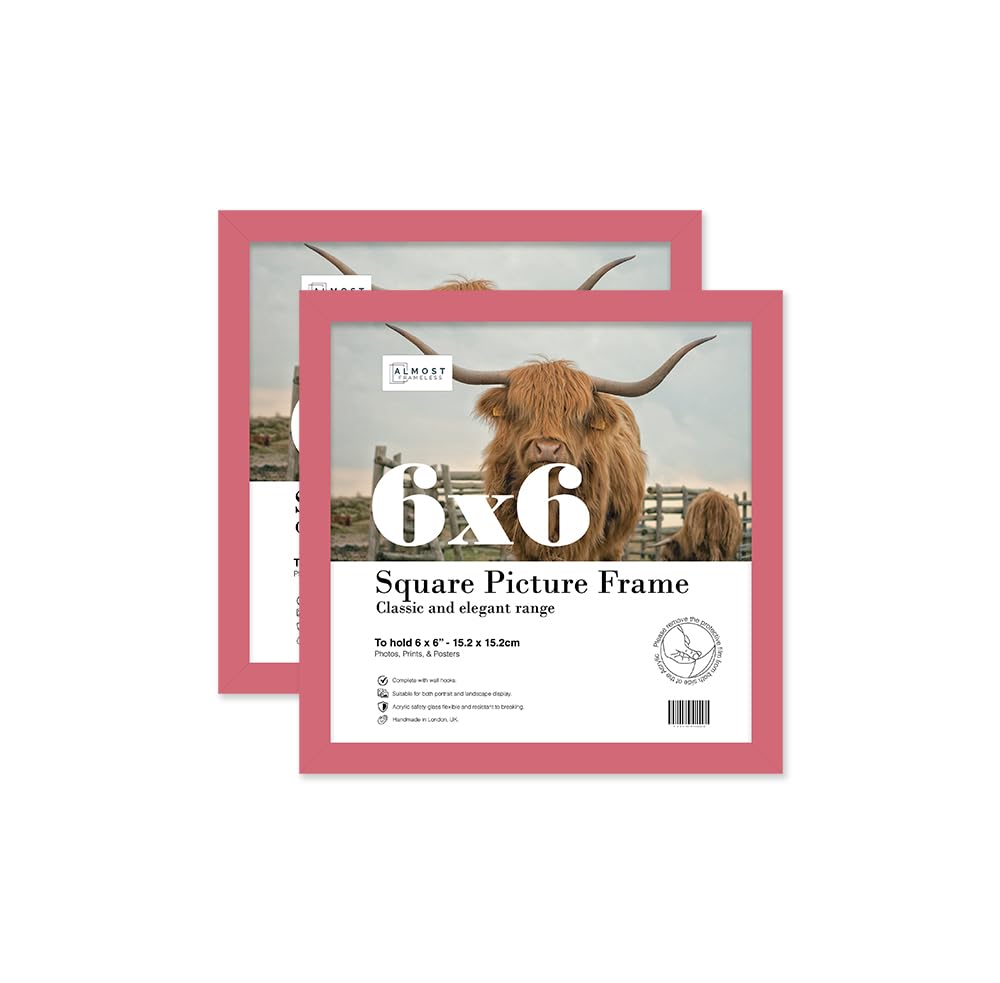 Almost Frameless 6x6 Pink Picture Frame Set of 2, Display 6x6 Picture Gallery Wall, Poster, Photo, Artwork, or Print, Pink, Square