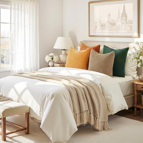 Image of Topfinel 16x16 Inch Set of 4 Green Rust Throw Pillow Covers Boho Farmhouse Cushion Covers Soft Corduroy Fall Home Decor for Couch Bed Sofa Living Room