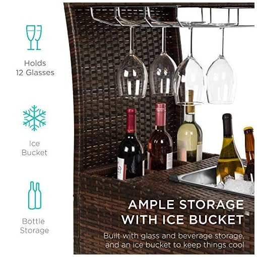 Best Choice Products Outdoor Rolling Wicker Bar Cart w/Removable Ice Bucket, Glass Countertop, Wine Glass Holders, Storage Compartments - Brown - Image 3