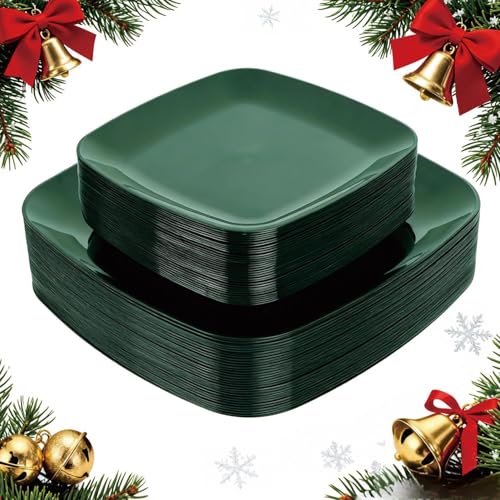 PULOTE 60PCS Green Square Plastic Plates - Green Disposable for 30 Green Guests Include 30 Dinner and 30 Dessert Plates for Party&Christmas PULOTE 60PCS Green Square Plastic Plates - Green Disposable for 30 Green Guests Include 30 Dinner and 30 Dessert Plates for Party&Christmas