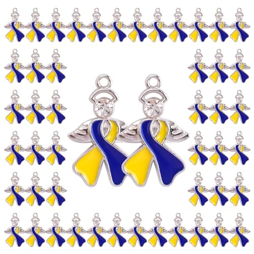 WANDIC 50Pcs Blue&Yellow Ribbon Pendants with Diamond, Down Syndrome Awareness Charms with Angel Wings for DIY Bracelet Necklace Jewelry Making