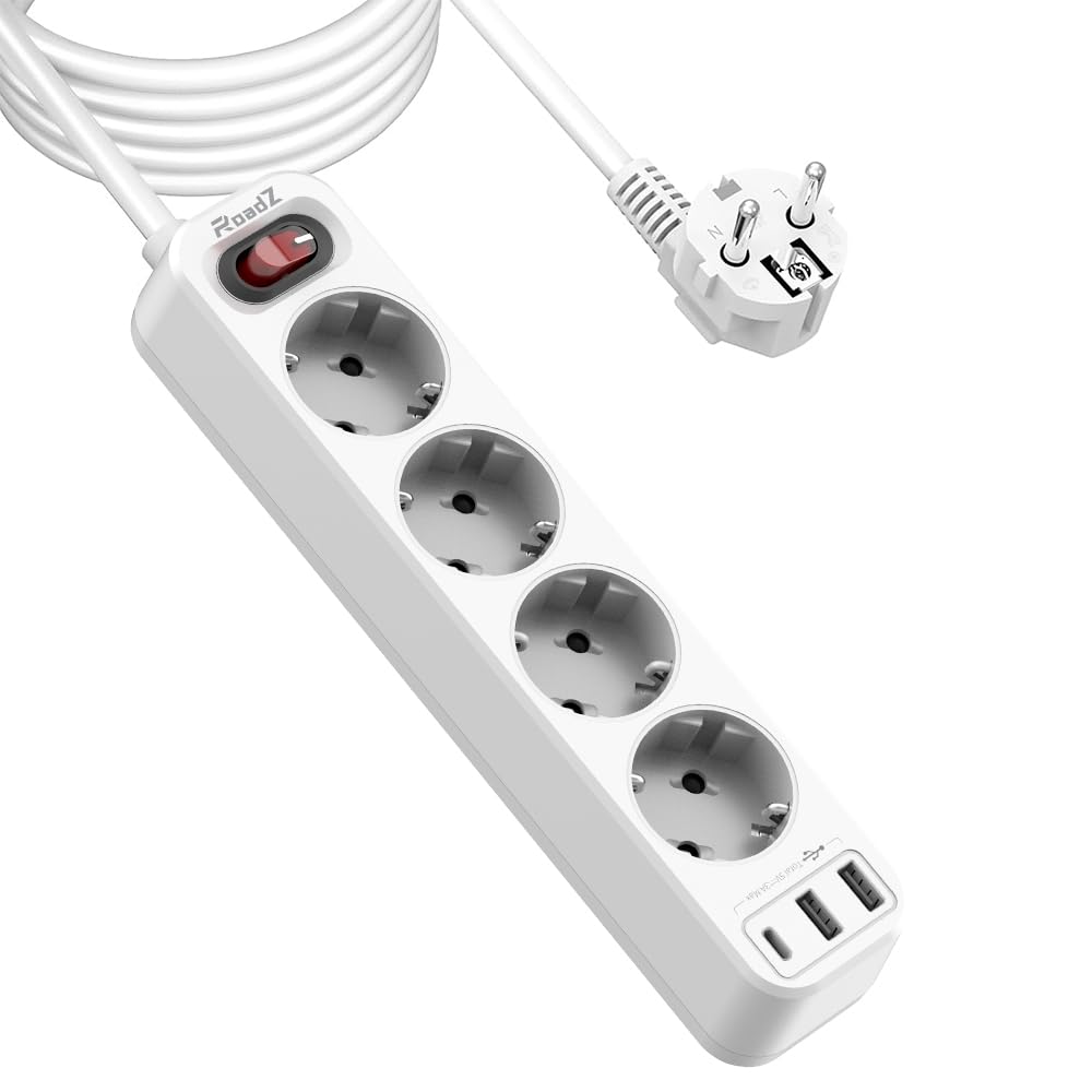 RoadZ Steckdosenleiste mit USB-Steckplatz, 6-Fach Steckdose mit 2 USB-A und 1 USB-C-Anschluss, 1,8 Kabel langes Verlängerungskabel mit Schalter, Überspannungsschutz-Steckdosenleiste, DE-Mehrfachstecke