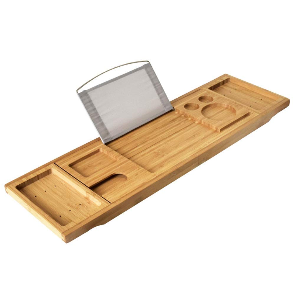 YBWEN Bathtub Rack Bath Tub Tray With Extending Sides Built In Book Tablet Holder Cellphone Tray & Integrated Wineglass Holder And Other Accessories Placement Bathroom Trays