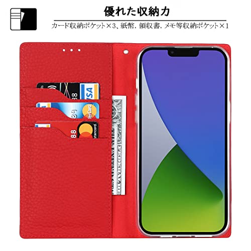 Elick iPhone 14 ケース 手帳型 高級牛革 アイフォン 14 ケース 手帳型 本革 マグネット式 スタンド機能 カード収納 ストラップ付き iPhone14 ケース アイフォン14 ケース iPhone 14 カバー レッド