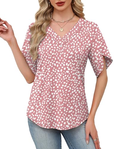 Image of WIHOLL Womens Summer Tops Short Petal Sleeve Shirts Fashion V Neck Womens Clothing