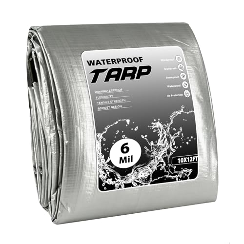 Heavy Duty Waterproof Tarp 10x12 FT, 6 Mil Thick Tarpaulin Cover with Reinforced Edges & Grommets - for Outdoor Camping, Roof, Boat, RV, Pool, Tent - Includes Utility Rope Silver