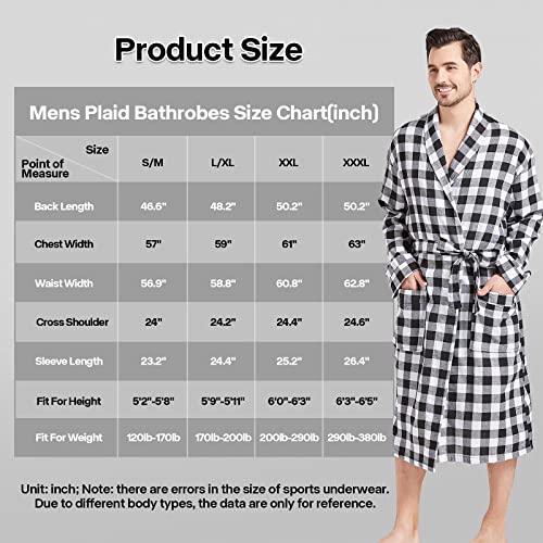 Fashgudim Mens Buffalo Plaid Robe Cotton Flannel Shawl Collar Bathrobe Lightweight Kimono Loungewear Sleepwear (Black & White, Xxl) #TOP4