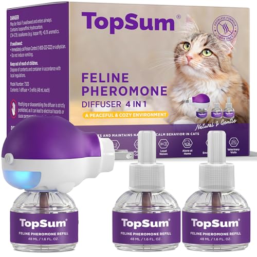 TopSum Cat Calming Pheromone Diffuser: Feline Pheromones Plug in for Stress Alone At Home Spraying Fighting Scratching Aggression & Excessive Meowing (Purple1 Diffuser+3 Refills)