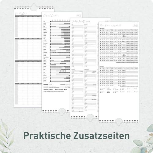 Häfft® Planer für zwei 2026/2027 „Blattgold“ – Paarkalender 17 Monate (Aug 26 - Dez 27) – Wandkalender für 2 Personen, 3 Spalten, schmaler Wandplaner 13x31,9 cm
