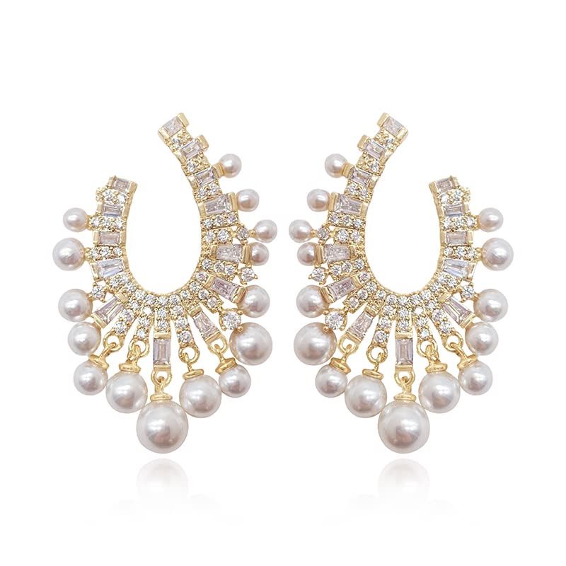 14K Gold Hoop Earrings,Freshwater White Pearl & Crystal Tassel Design with Moissanite,Ideal Gift for Mom, Girlfriend, Wife, Fashionable Pearl Jewelry