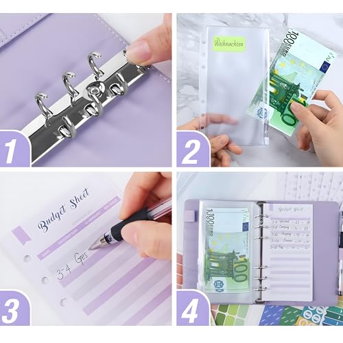 Retoo Budget Planner, Binder, Haushaltsbuch A6 Planner Geldumschläge, Sparchallenges Personalisierung Erweiterung Organizer mit Folien Zubehör Set Sparen mit Umschlagmethode Leder Mehrfar Finanzplaner