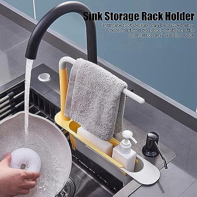 Telescopic Sink Storage Rack, Adjustable Retractable Sink Drainer with Bracket Large Capacity Expandable Organizer for Kitchen (Yellow)