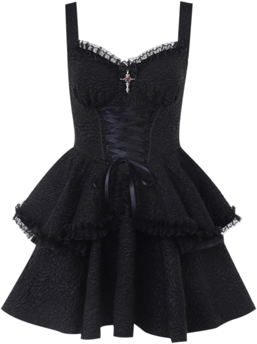 Women Gothic Dress Punk Halloween Vintage Harajuku Velvet Lace Y2k Mall Goth A-Line Dresses - Image 7
