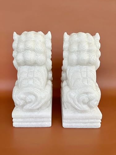 Miniatura 3 de Par de estatuas de mármol blanco de 11.8 pulgadas de alto para decoración del hogar, estatua de león para exteriores, leones guardianes de piedra de