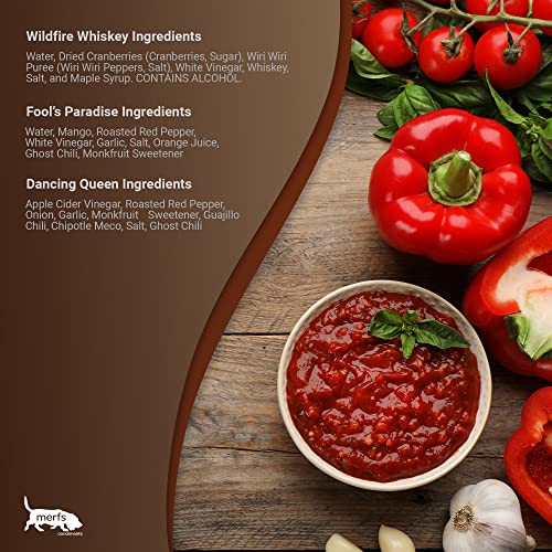 Merfs Condiments Gourmet Hot Sauce Gifts Variety Pack. Medium & Hot. Chipotle, Whiskey & Mango. All Natural, Vegan, Sugar Free, Paleo, Low Carb & Keto Friendly. 5 Fl Oz (Pack Of 3) #TOP6