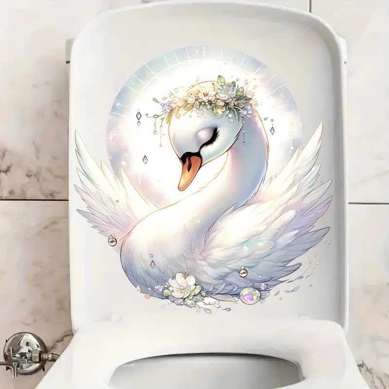 Enchanted Swan Toilet Cover Sticker Decals,Fish Bird Flower Leaf Waterproof Toilet Lid Tank Seat Decals Cistern Self-Adhesive Bathroom Wall Sticker