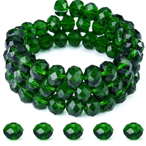 Dowarm 10MM Crystal Glass Beads for Jewelry Making, 100PCS Briolette Rondelle Crystal Beads for Crafts Wind Chimes Suncatchers, Faceted Loose Spacer Glass Beads, Dark Green