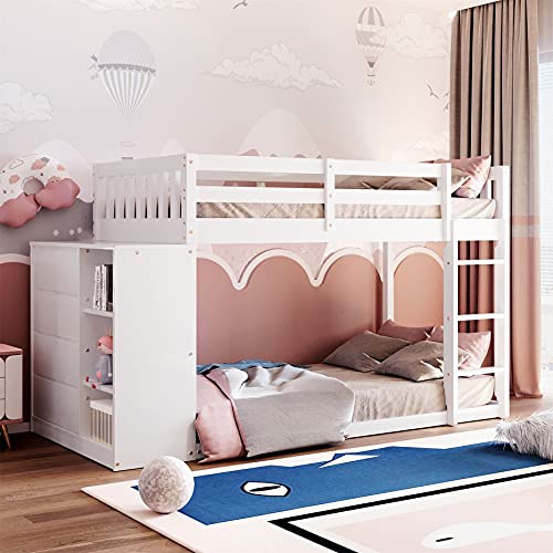 Twin Over Twin Bunk Bed with Storage, Wood Bunk Beds with 4 Drawers and 3 Shelves, Low Bunk Beds for Kids, Toddlers Girls Boys, Teens, Adults (White)