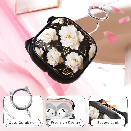 Image of for AirPods 4 Case with Cleaning Kit, Cute Cat Ear Print Design & Cute Buckle, Inverted Phone Holder Design, Top Safe Lock Buckle Design, for Girls AirPods 4 case 2024, Black Peony