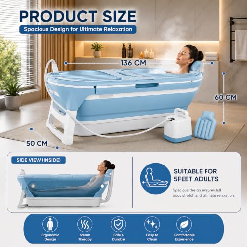 Image of HUKIMOYO Large bathtub for adults foldable bath tub for bathroom(132x 62x52cm) with Temperature Meter & Pillow Portable Bath Tub with Lid Adult Bathtub for Home Spa Hot &Cold Water (Suits upto 6ft)