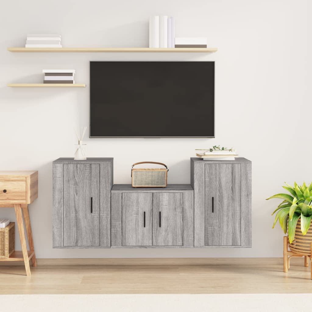 3-TLG. TV-Schrank-Set Grau Sonoma Holzwerkstoff, Wandmontage, Modernes Media-Center für Wohnzimmer, Robust & Stabil
