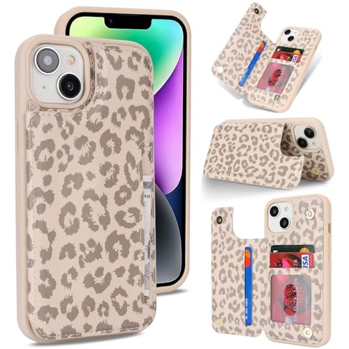 iCoverCase Compatible with iPhone 14 Plus Phone Case with Card Holder Wallet Case for Women Men RFID Blocking PU Leather Protective Case 6.7 Inch (Beige Leopard)