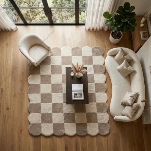 Image of Carpet for Homes Checkered Area Rug | Soft & Fluffy Irregular Carpet with Anti-Skid Backing, 8 x 8 Feet (244 x 244 cm), Beige