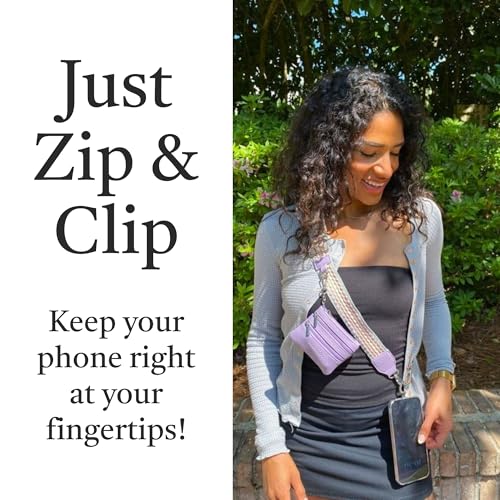 Image of Save the Girls Original Clip and Go Phone Strap Pattern (Fun Dots - Grey /Pink) - Crossbody Phone Strap Chain with Zipper Wallet Pouch - Phone Lanyard Zippered