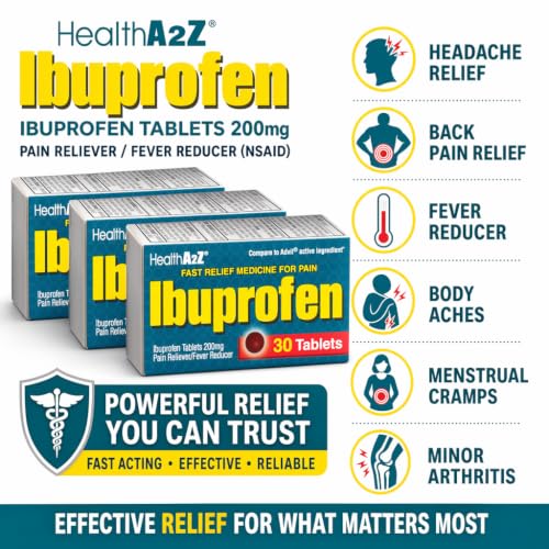 Image of HealthA2Z Ibuprofen 200mg, NSAID, Pain Reliever, 90 Tablets (Pack of 3, 30 Tablets Each)