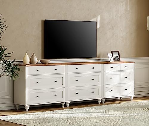 Image of WAMPAT Kids Dresser with 9 Drawers, Baby Dressers with Wide Chest of Drawers, Mid Century Modern Wooden Closet Storage Organizer, Large Wood Dressers for Bedroom, Nursery, Hallway, Off White