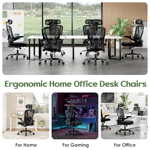 Office Chair Ergonomic Desk Chair - Mesh High Back Office Chair with Headrests Wheels Lumbar Support Home Desk Office Chairs Flip up Armrest Executive Rolling Swivel Task Computer Chair Black - Image 5