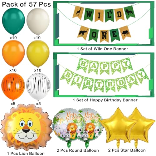 Image of Rozi Decoration Safari Theme First Birthday Party Decorations Set, 57 Pieces with Wild One Banner, Balloons, Jungle Animal Design, Green and Gold