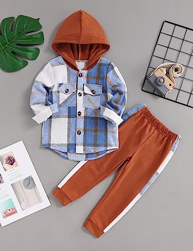 Image of Fuermos Toddler Baby Boys Clothes Flannel Lattice Button Down Hooded Tops +Pants Boys Fall Winter Outfits