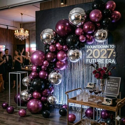 Image of Double Stuffed Black Purple Balloon Arch 4D Silver Round Foil Balloon Kit | Plum Black Silver Balloon Garland For Wednesday Halloween Vampire Gothic Birthday Graduation Prom Party Decoration