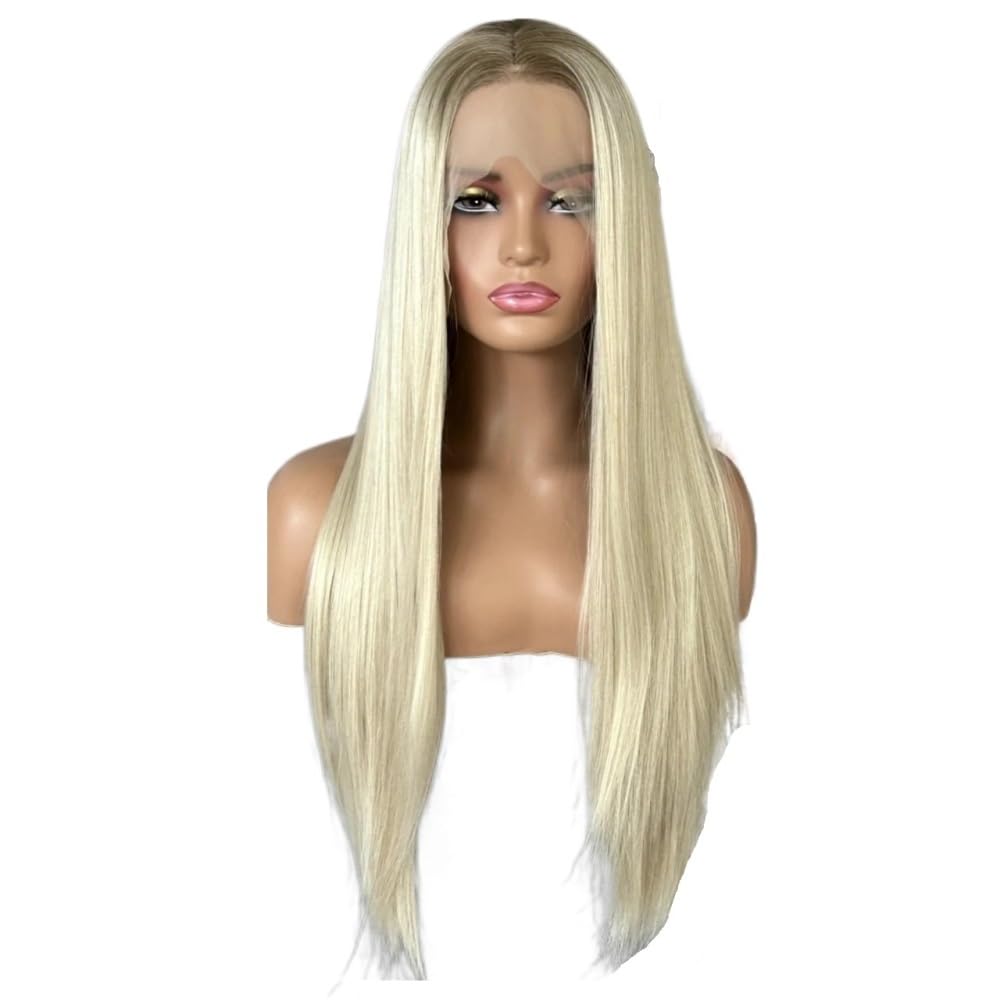 13x4 koronkowa peruka z przodu długa prosta środkowa część ombre blond peruka dla kobiet, naturalnie wyglądające grube miękkie syntetyczne włosy peruki do codziennego użytku miękkie i naturalne (24