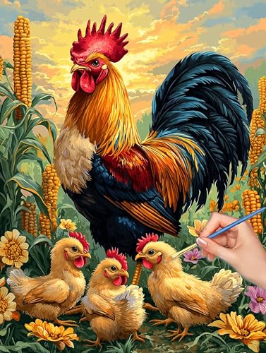 Pintar por Numeros Animales, 40x50cm Pintura por Números Pollo para Adultos, Sin Marco, Kit de Pintura al Óleo de Lienzo con 3 Pinceles, Pigmento Acrílico, Paint by Numbers Decoración Pared, -6713