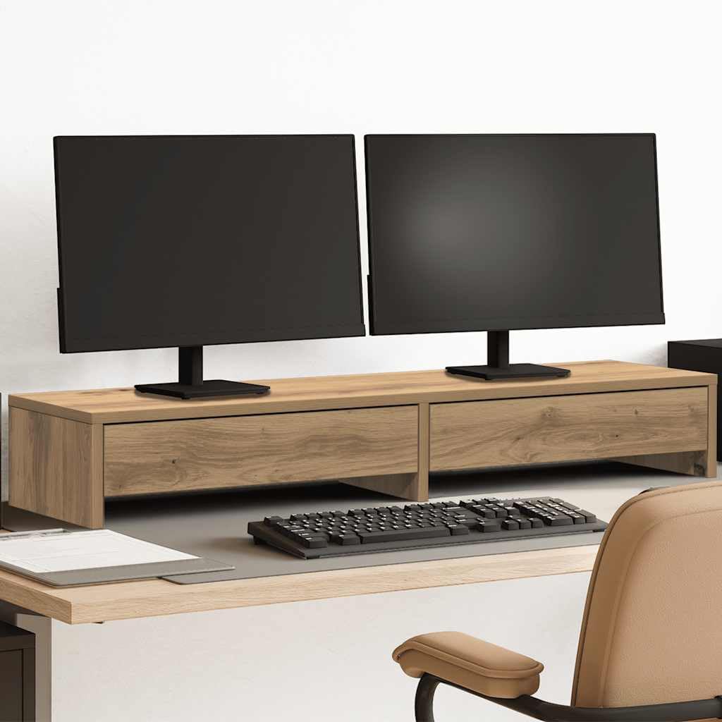 Supporto per monitor con cassetti in legno di rovere Artisan, 100 x 27 x 15 cm, per due monitor, portata 25 kg, organizer da scrivania, home office e gaming