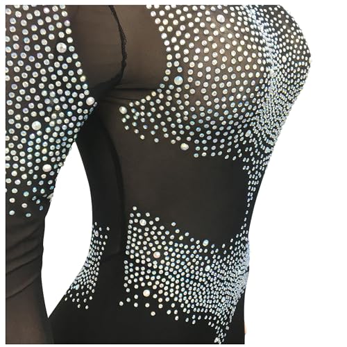 Image of Jigfar Women Sexy Embellished Rhinestone Bodycon Jumpsuit Mesh See Through Patchwork Birthday Party Night Out Clubwear