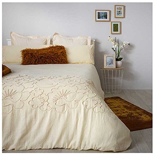 COTTON ARTean Funda Nordica Bordada ASCAIN Cama de 150 PERCAL ALGODÓN 100%. Color Beige Natural.