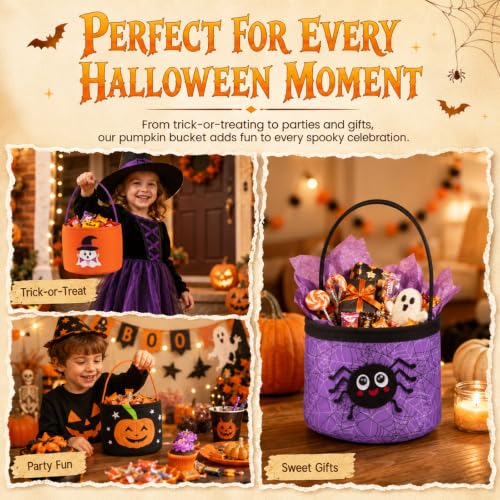 OIASKET Halloween Trick or Treat Bucket,Halloween Pumpkin Basket Candy Bag for Kids Gift Basket-Black Pumpkin - image 5