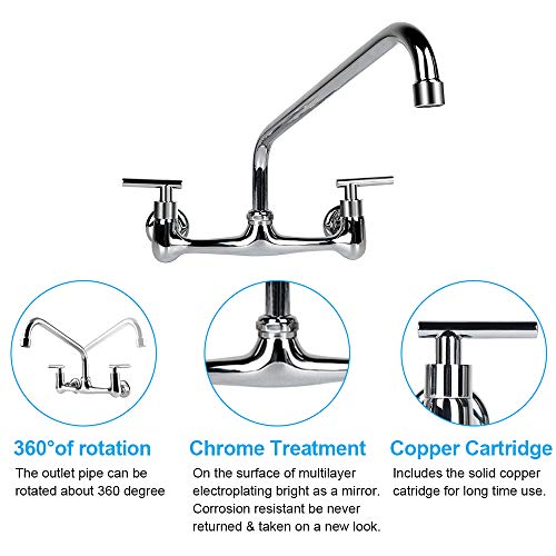 Kwode Commercial Sink Faucet With 14" Swivel Spout 7-9 Adjustable Center Dual Handles Wall Mount Kitchen Faucet Backsplash Mounted On Compartment Sinks For Home Restaurant Industrial #TOP4
