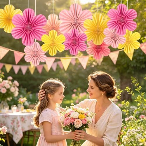 Image of SUNBEAUTY Paper Flowers Decorations for Wall, Paper Flower Fan Classroom Decoration Paper Floral Backdrop Decor Paper Fans Decoration Hanging Paper Fans Pink Yellow Flower Wall Decor