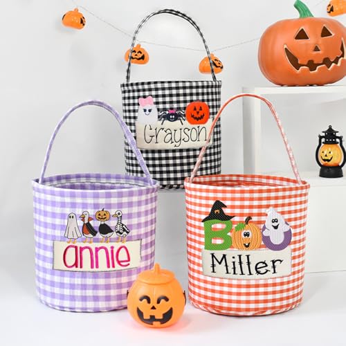 UIDMEN Personalized Halloween Trick or Treat Bags Kids Embroidery Name Candy Bucket Snack Grocery Bags with Handles Reusable Goody Bucket for Kids Halloween Party Favor