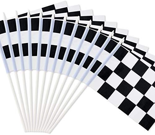Novelty Place 8"x5.5" Checkered Black and White Racing Stick Flag - Plastic Stick - Decorations for Racing, Race Car Party, Sport Events (12 Pack)