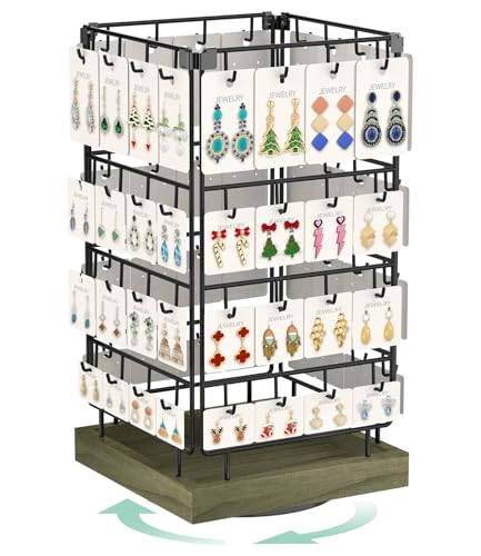 Image of EsLuker.ly Rotating Earring Display Holder Stand for Vendors Events Selling, Large Capacity 64 Hooks Jewelry Rack with Wooden Base for Earring Card Sales, Enhances Retail Visibility(Rustic Gray)