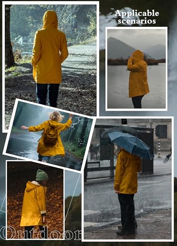 EnduaReve Regenmantel Damen Übergangsjacke PU Wasserdicht Frauen Regenjacke Lang Parka Regenparka mit Kapuze Outdoor Gelb XXL
