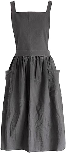 Delantal de lino de algodón con espalda cruzada, delantal vintage para mujer, con 2 bolsillos para cocinar, pintura, jardinería