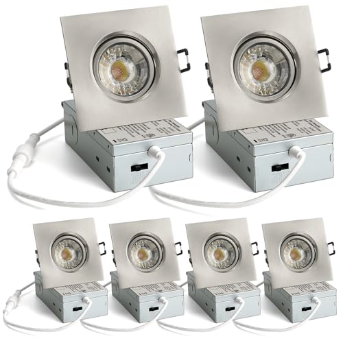 Image of Canless Recessed LED Eyeball Lights 8W 5CCT Selectable 360 Rotatable Square Downlight with Junction Box,Wet Location Dimmable Wafer Lights,Square Trim,6Pack (Brushed Nickel, 3 inch)